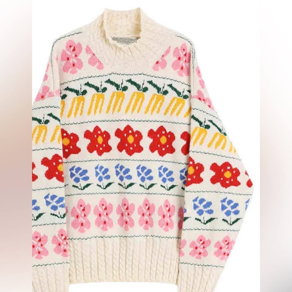 Polagram Floral Knit Sweater Stand Collar Elegant Sweet Pullover - Picture 4 of 17